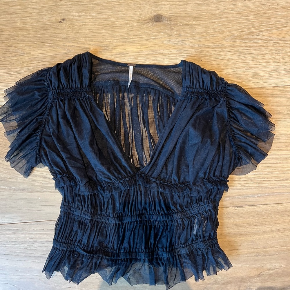 Free People Black Sheer Ruched Blouse
